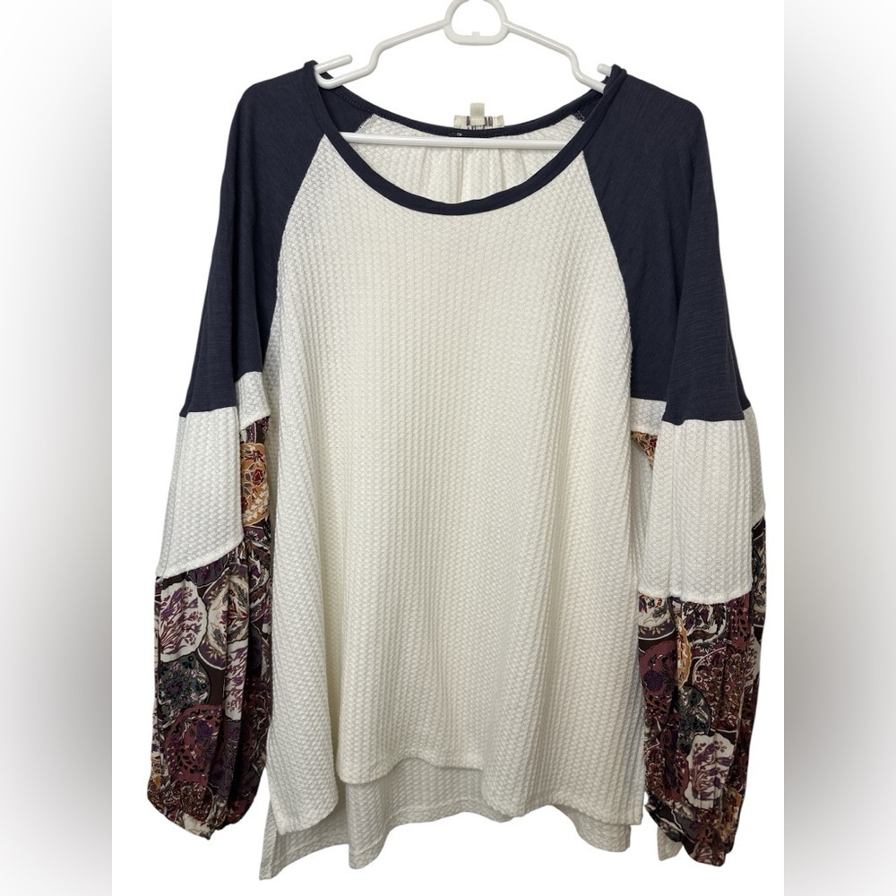 Umgee Floral Thermal Waffle Knit Peasant Boho Sweater NWOT